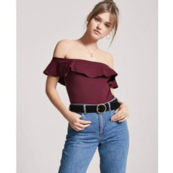 Forever 21 Burgundy Bleach Wash Ruffle Off the Shoulder Body Suit Size Small - Picture 6 of 6